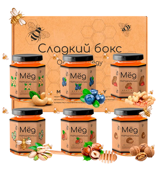 Подарочный набор мёд с орехами: фисташка, кешью, фундук, грецкий орех, голубика